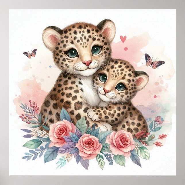 Póster Mamá y cachorro de leopardo  (Frente)