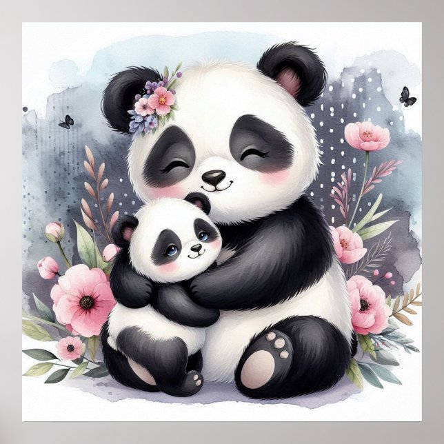 Póster Mamá y cría de oso panda (Frente)
