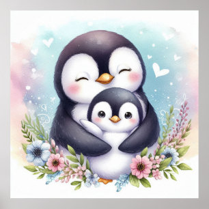 Póster Mamá y cría de pingüino