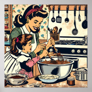 Póster Mamá y hija retro curadas juntas