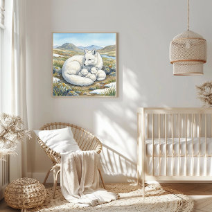 Póster Mamá zorro ártico y nursery de crías