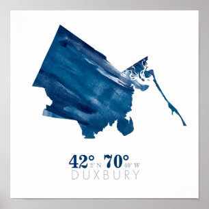 Póster Mamáes Duxbury de color azul mapa con coordenadas