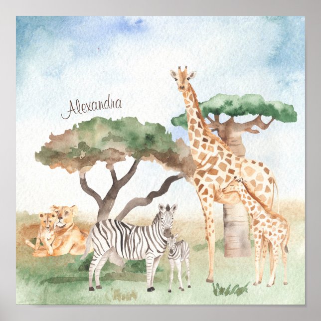 Póster Mami acuarela y animales africanos bebés (Frente)