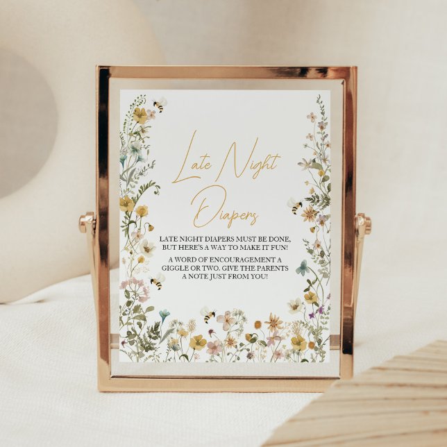 Póster Mami para besar a Wildflower Diapers nocturnos tar (Mom to Bee Gender Neutral Baby Shower Late Night Diapers Sign)