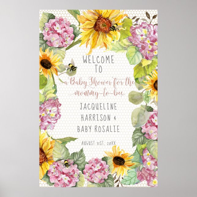 Póster Mami to Bee Bumblebee Sunflower Pink Hydrangeas (Frente)