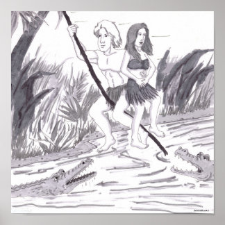 Póster Man Holding a Woman While Swinging on a Vine Past