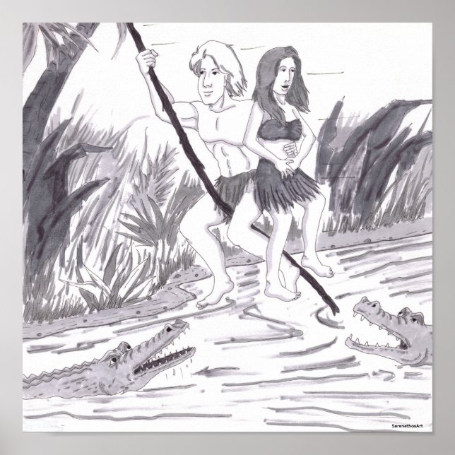 Póster Man Holding a Woman While Swinging on a Vine Past  (Frente)