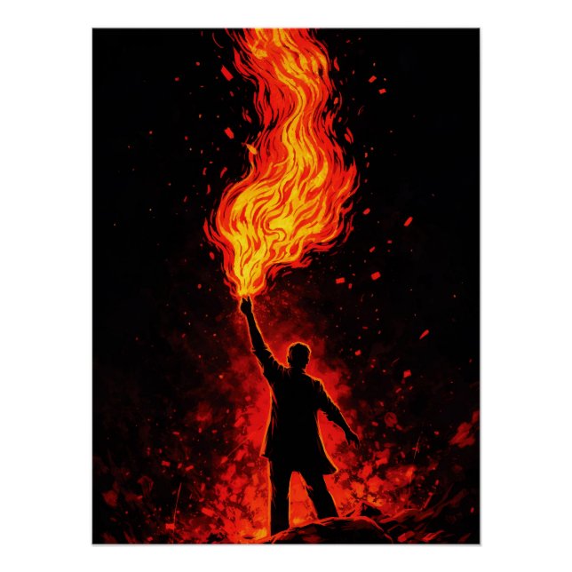 Póster Man Holding Massive Fire Torch Dramatic Silhouette (Anverso)
