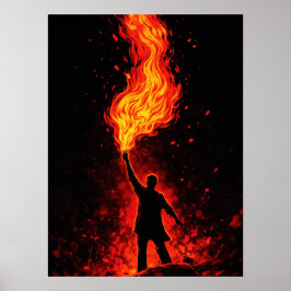 Póster Man Holding Massive Fire Torch Dramatic Silhouette