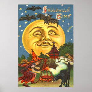Póster Man In The Moon Black Cat Witch Bat Full Moon Owl