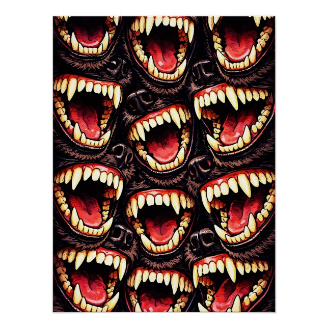 Póster Manada Primitiva de Lobos Colmillos Gruñendo Arte  (Anverso)