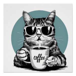 Póster Mañanas de gato genial � Café, gafas de sol y acti