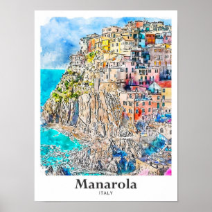Póster Manarola Italia Ilustracion de acuarela de viajes