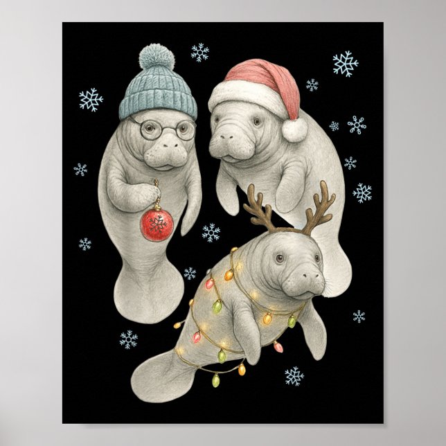 Póster Manatee Christmas Manatee Santa Reindeer Lights Wo (Frente)