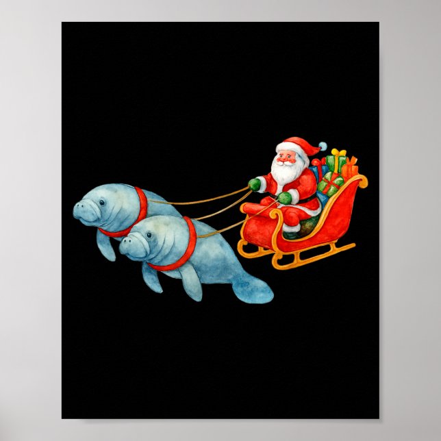 Póster Manatee Santa Christmas Sleigh - Funny Manatee Xma (Frente)