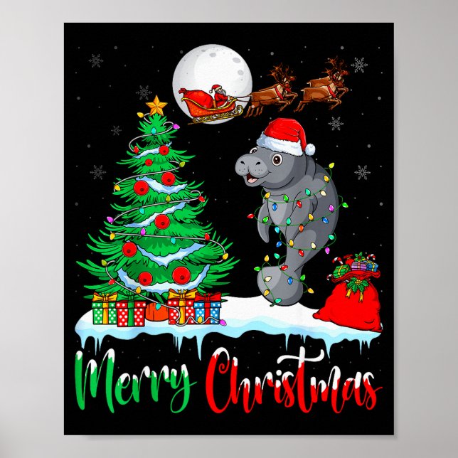 Póster Manatee Santa Hat Xmas Tree Merry Christmas Manate (Frente)
