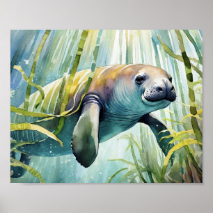 Póster Manatee Watercolor Wall Art
