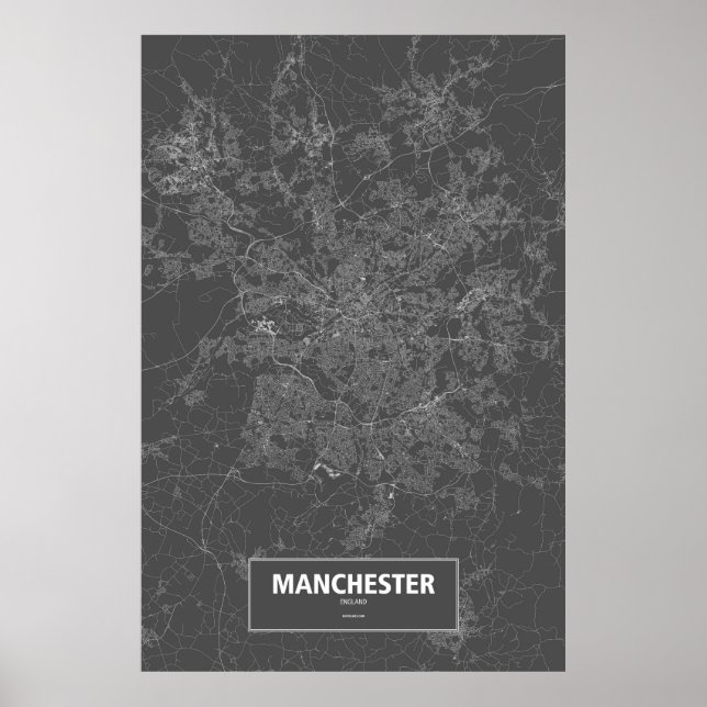 Póster Manchester, Inglaterra (blanco sobre negro) (Frente)