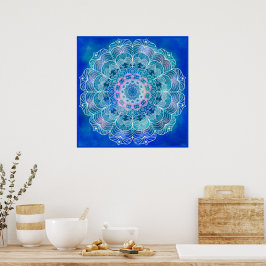 Póster Mandala 12 azul Verde azulado sobre fondo azul - P