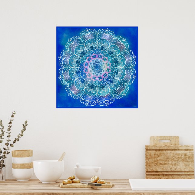 Póster Mandala 12 azul Verde azulado sobre fondo azul - P (Cocina)