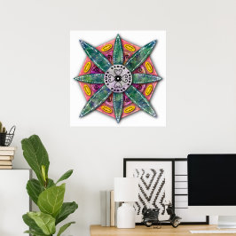 Póster Mandala 8 pétalos de flor verdes sobre rojo