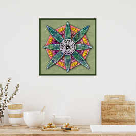 Póster Mandala 8 verde Pétalos de flor en cartel de oliva