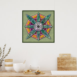 Póster Mandala 8 verde Pétalos de flor en cartel de oliva
