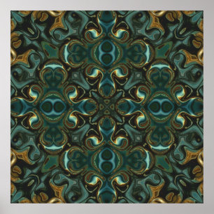 Póster Mandalá abstracto simétrico de esmeralda y oro