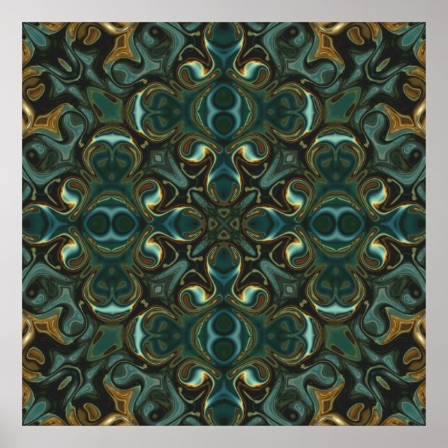 Póster Mandalá abstracto simétrico de esmeralda y oro (Frente)