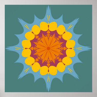 Póster Mandala artística en amarillo, púrpura, azul