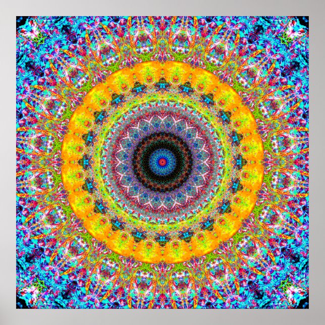 Póster Mandala azul brillante y amarilla (Frente)