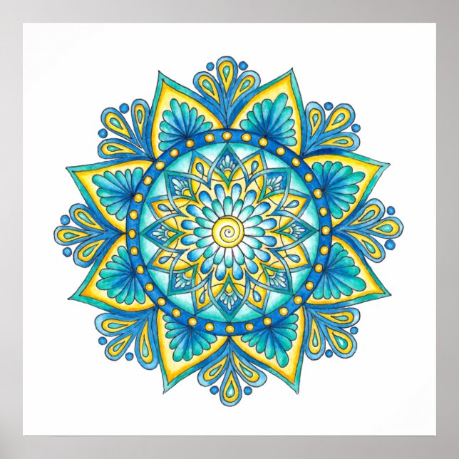Póster Mandala azul turquesa amarillo acuarela (Frente)