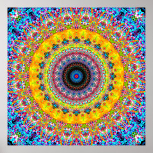 Póster Mandala azul y amarilla brillante