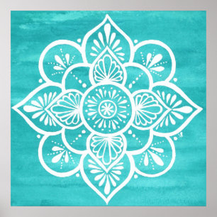 Póster Mandala blanca color turquesa