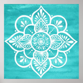 Póster Mandala blanca de color turquesa