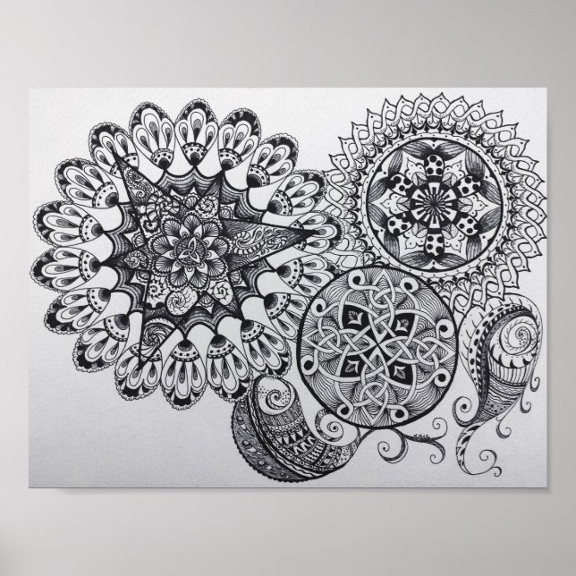 Póster Mandala blanca y negra Celta Knot Tangle Paisley (Frente)