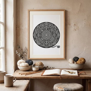 Póster Mándala de bola de hilo en blanco y negro