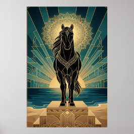 Póster Mandalá de caballo negro Art Deco atardecer azul d
