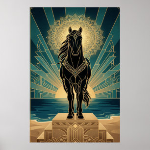 Póster Mandalá de caballo negro Art Deco atardecer azul d