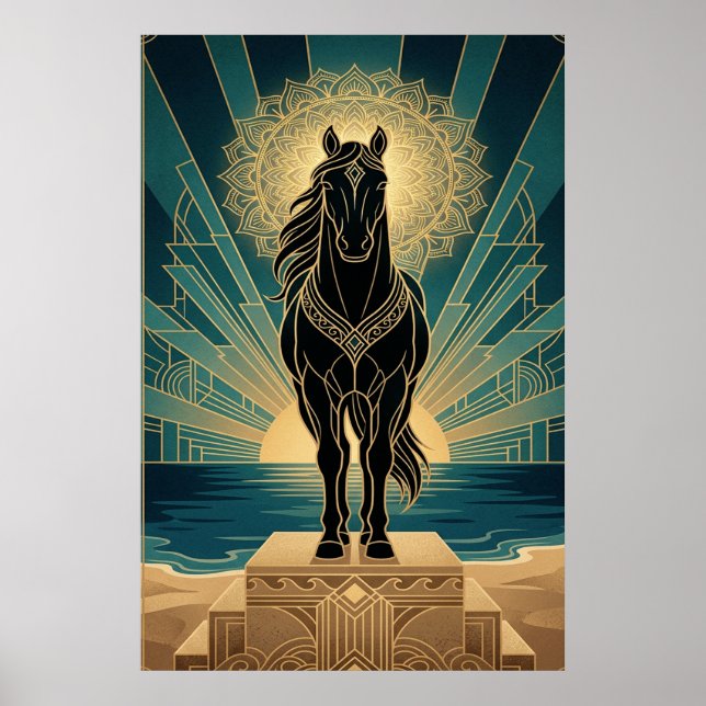 Póster Mandalá de caballo negro Art Deco atardecer azul d (Frente)