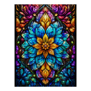 Póster Mandalá de Flor de Vidrio Pintado Gótico - Azul y