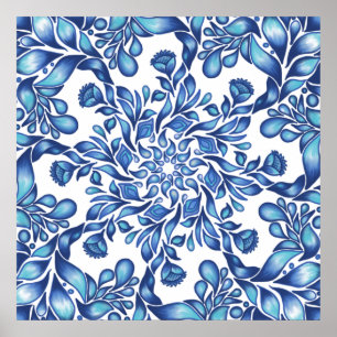 Póster Mandala de flores y hojas en azul