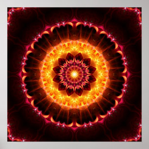 Póster mandala de fuego rojo dorado