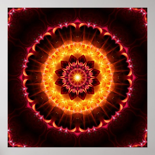 Póster mandala de fuego rojo dorado (Frente)