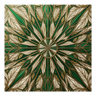 Póster Mandalá de hoja Art Nouveau en oro esmeralda