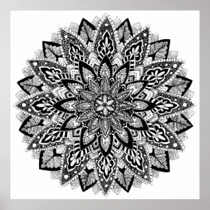 Póster Mandala de la flor blanco y negro