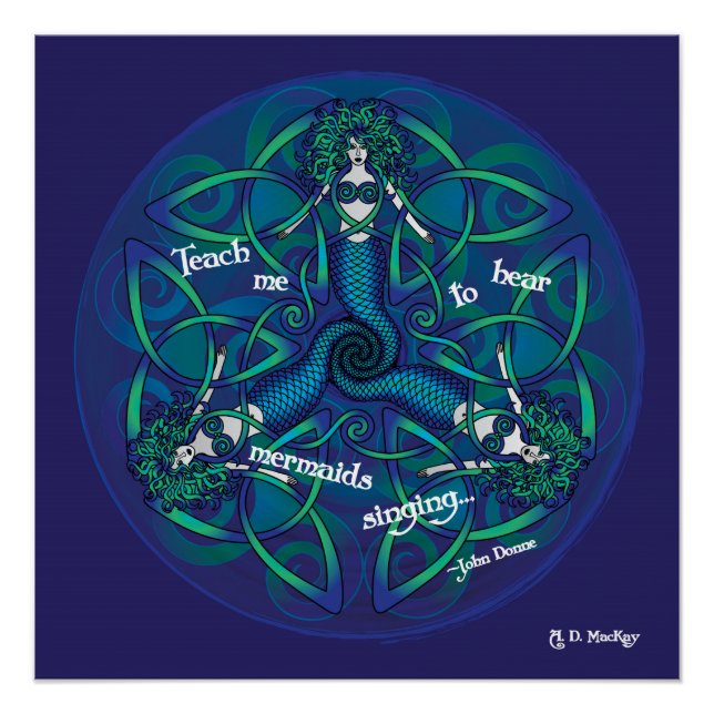 Póster Mandala de sirena celta en azul y verde (Anverso)