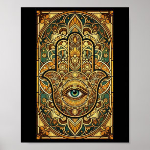 Póster Mandalá de Vidrio Teñido Mano Hamsa Meditación Esp