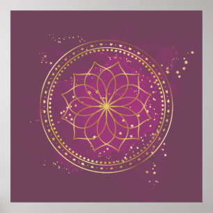 Póster Mandala dorada en ciruela Geometría Sagrada Eleg