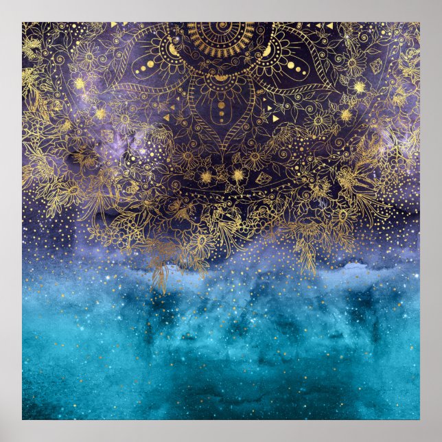 Póster Mandala dorada floral e imagen confetti (Frente)